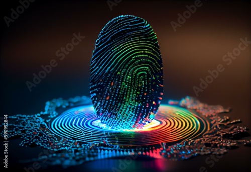 Creative finger print hologram on blurry backdrop. fingerprint, biometrics, information technology and cyber security concept. 3D Rendering. Generative AI