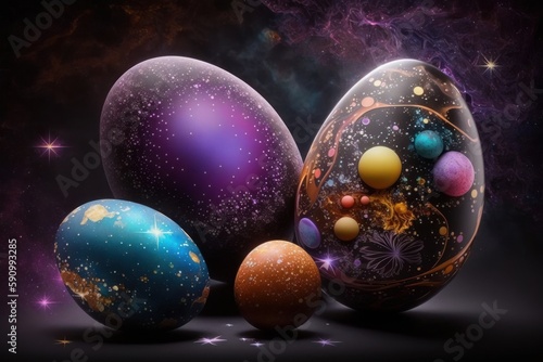 Fantasy Easter eggs painted in space colors galaxy universe background, generative ai