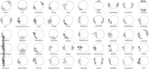 50 wreath floral ,floral,leaf,leaves, big set, collection with name round frames, hand drawn,doodle,
line art for wedding, card,flower shop, love,valentine day element , vector illustration