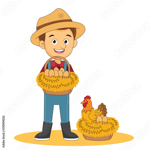 Young Man Farmer with chicken and egg