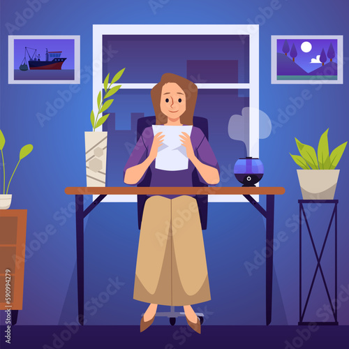 Woman enjoying moisturised air from home humidifier flat vector illustration.