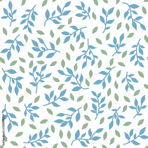 Spring twigs seamless pattern. Tiny leaves and brunches on white background. Blue and green leaf allover print