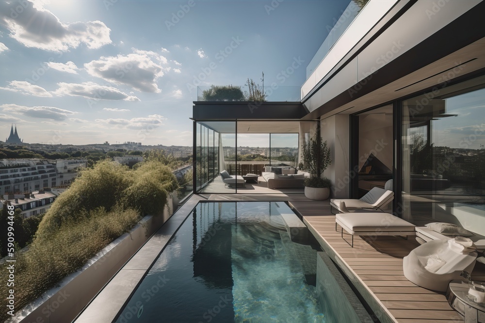 Fototapeta premium penthouse terrace with a swimming pool overlooking Paris, generative AI