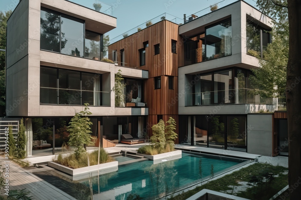 Contemporary villa with concrete and wood in a lush tropical garden, generative ai
