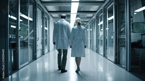 Medical staff in a hospital corridor, generative ai