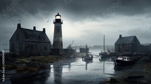 picturesque french coastal village with a lighthouse, generative ai
