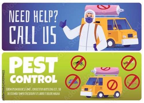 Pest control service flyers or horizontal banners bundle, vector illustration.
