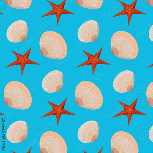 Seamless pattern in marine style. Beige, brown scallop shells, clams and starfish on a blue background. For printing on fabric, wrapping paper, packaging and wallpaper. Vector image, illustration.