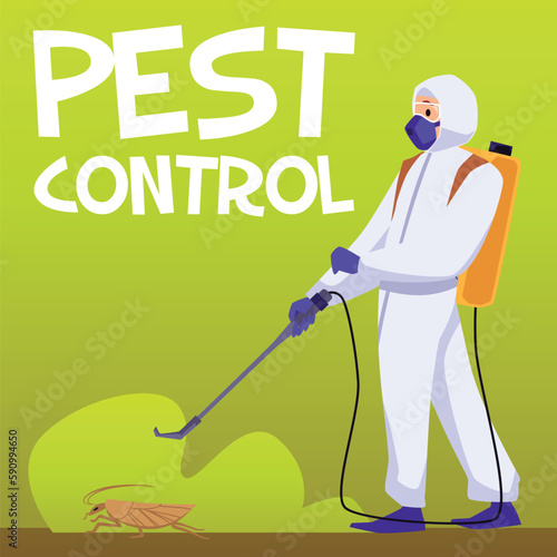 Pest control banner or poster with disinfector worker flat vector illustration.