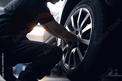 Car mechanic changing tires