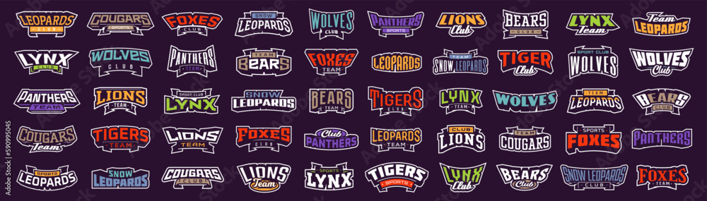 Set of bold fonts for logo animal mascot. Font with inscription lions, tigers, panthers, cougars, leopards, bears, wolves, foxes, lynxes. Collection of text style lettering for esports team, mascot