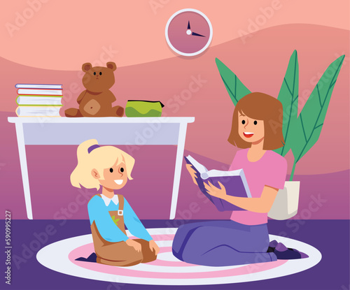 Young mother or babysitter reading fairy tale book to little girl, flat vector illustration.
