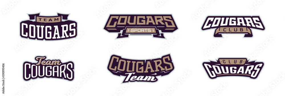 A set of bold fonts for cougar mascot logo. Collection of text style lettering for esports, mascot logo, sports team, college club logo. Font on ribbon. Vector illustration isolated on background
