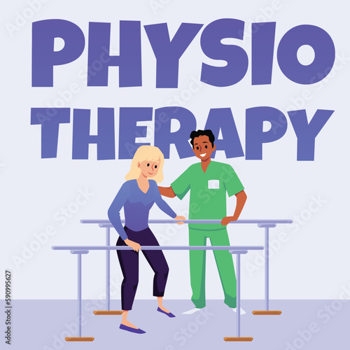 Physiotherapy treatment and rehabilitation banner flat vector illustration.