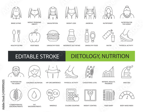 Dietology and nutrition line icon set in vector, weight problem illustration. obesity and overeating, malnutrition and weight loss and anorexia, healthy eating, hip circumference. Editable stroke