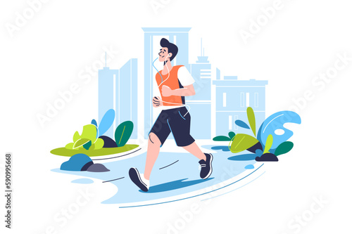 Man on morning jog in city park