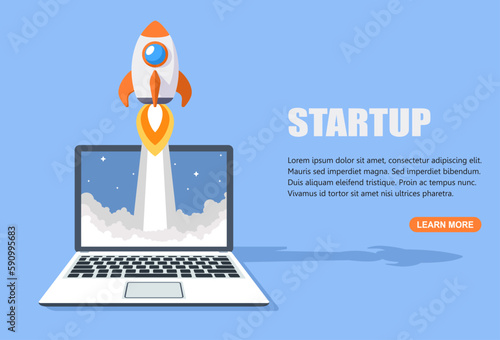 Cartoon Rocket launch from the laptop. Startup concept. Digital marketing boosts up. Vector illustration flat design for banner, poster, and background.