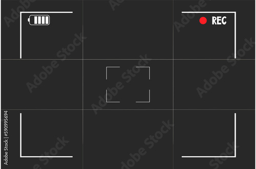Video camera viewfinder overlay template, interface on dark background. Photo focus screen. Recording or snapshot digital display cam, capture videography