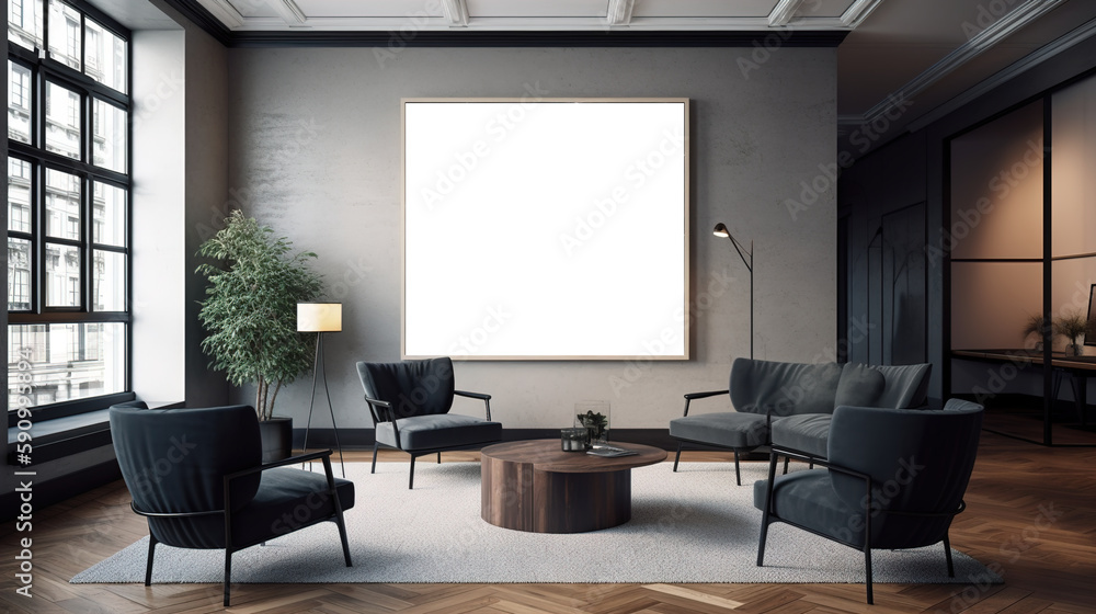 A modern working office style decoration design, with a large wall art frame blank mockup with white background, simple and elegant, luxury style decoration for office workplace, AI generated