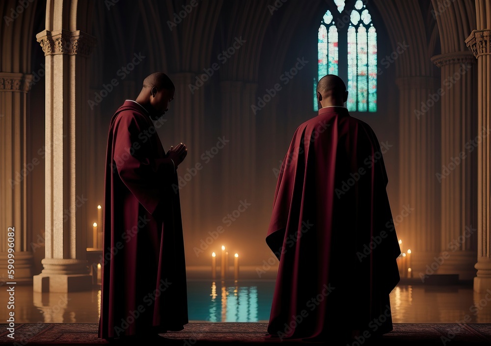 Naklejka premium Two monks stand in front of a church with a stained glass window behind them