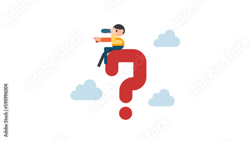 Businessman with huge question mark look through binoculars to search for new business idea. seek for success concept.