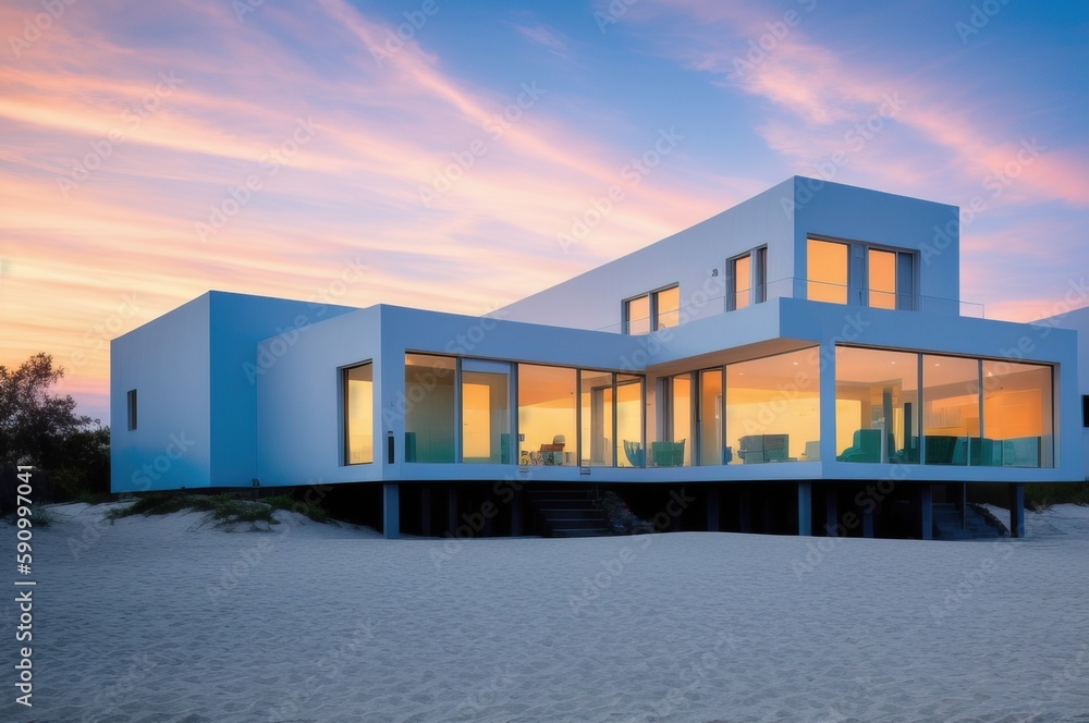 A house on the beach with the sunset in the background 