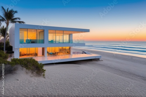 A house on the beach with the sunset in the background  photo