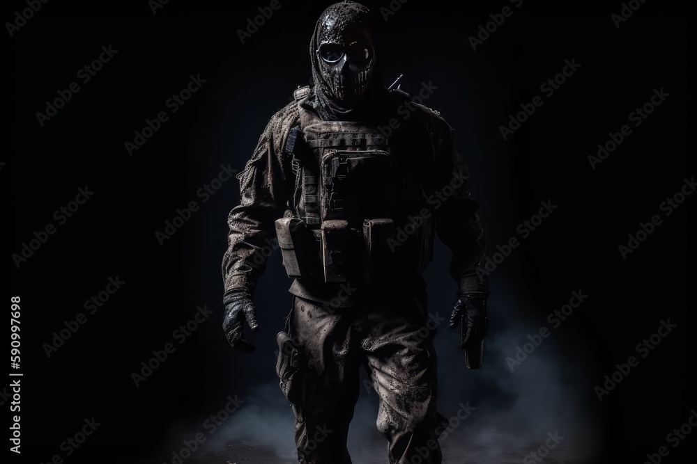 A terrifying soldier walking toward the camera, dark theme, ai generative illustration