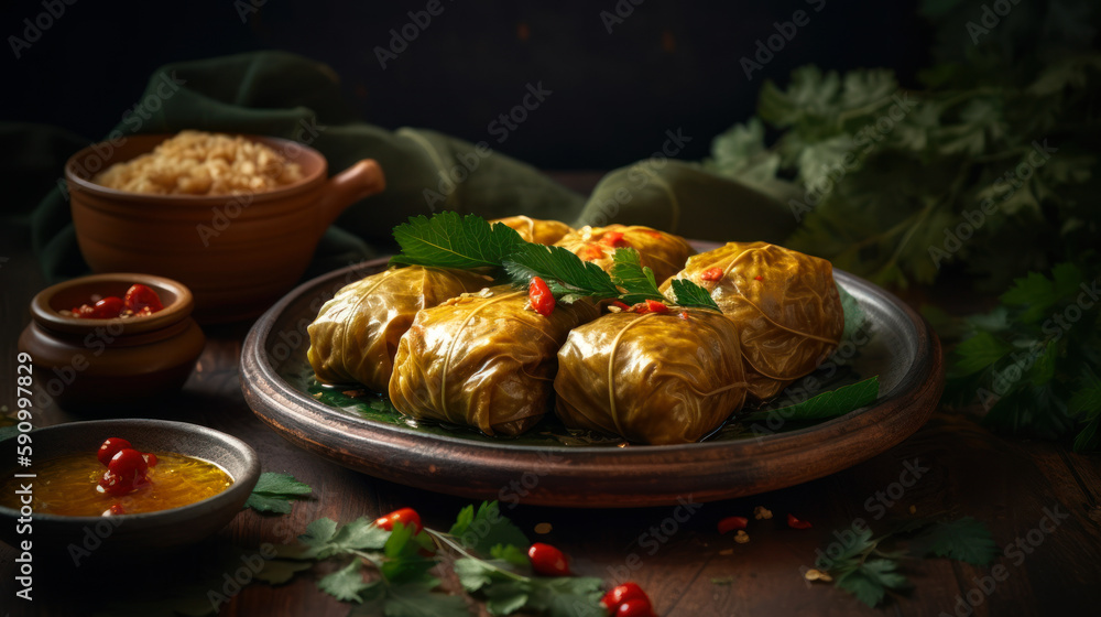 The Art of Turkish Cuisine: A Mouthwatering Shot of Sarma. Food photography. Generative AI
