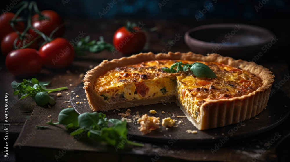 Satisfy Your Cravings with a Slice of Savory Quiche, food photography. Generative AI