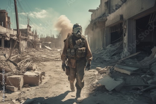A soldier walking toward the camera wearing a military gas mask in the middle of the wreckage ai generative illustration