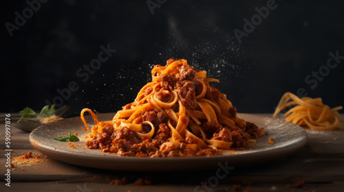 Bolognese Pasta Perfection:  Tagliatelle al ragù alla Bolognese, food photography. Generative AI photo