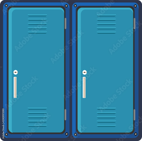 School locker. Blue school locker with a lock to store things and books. Locker for gym and pool locker room. Icon for website, app about school, education. Vector flat illustration, cartoon style.