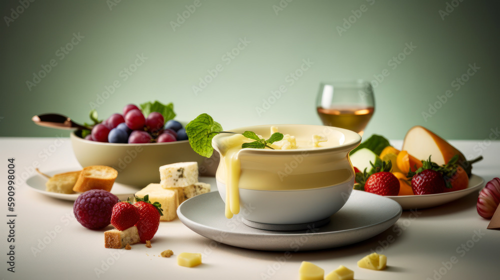 Savory Swiss Fondue: Melted cheese and vegetables, food photography. Generative AI Savory Swiss Fondue: Melted cheese and vegetables, food photography. Generative AI
