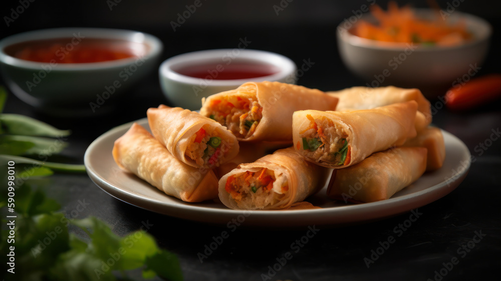 Crispy and Fresh Chinese Spring Rolls on Dark Background, Perfect Appetizer. Generative AI food photography. Crispy and Fresh Chinese Spring Rolls on Dark Background, Perfect Appetizer. Generative AI food photography.