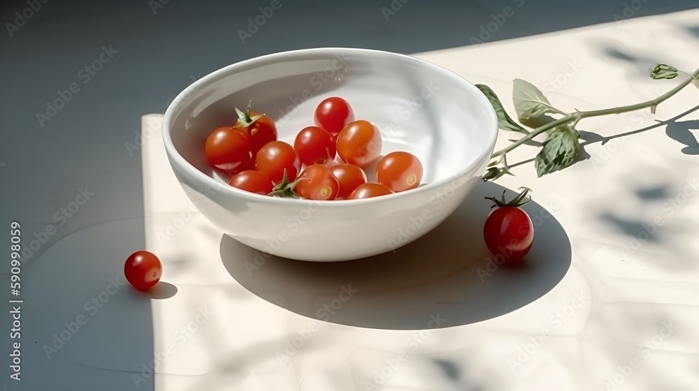 Top view of modern minimal beautiful round white ceramic bowl with cherry tomatoes Top view of modern minimal beautiful round white ceramic bowl with cherry tomatoes