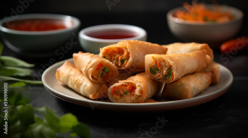 Crispy and Fresh Chinese Spring Rolls on Dark Background, Perfect Appetizer. Generative AI food photography.