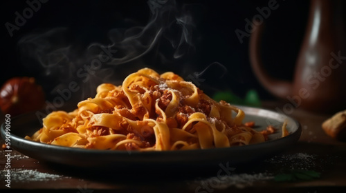 Traditional Italian Cuisine: Mouth-watering Tagliatelle pasta with Bolognese sauce, food photography. Generative AI photo