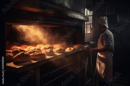 A baker baking bread in a tradional bakery beside a oven ai generative illustration photo