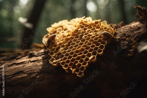 A honeycomb attached to a tree in the woods ai generative illustration