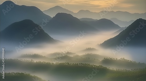 Overlooking many layers of mountains shrouded in fog