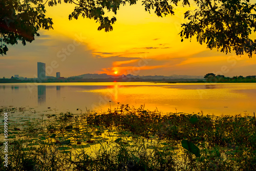 Beautiful view of Waduk Bunder or Water Dam Bunder in Gresik, East Java, Indonesia. photo