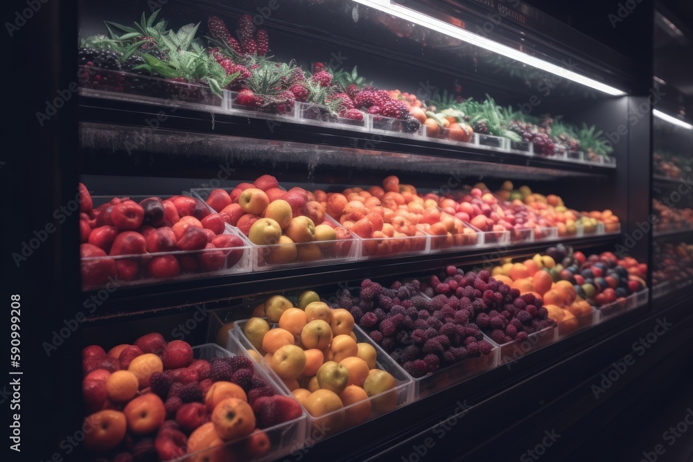 A racks of fruits and vegetables in a supermarket ai generative illustration