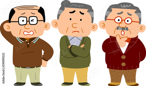困っている三人のシニア男性の全身イラスト
