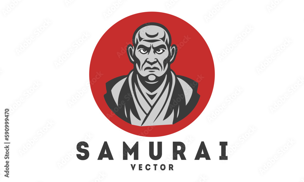 Vector simple portrait of a formidable evil samurai against the background of a red bloody sun. White isolated background. Sticker, icon or logo.