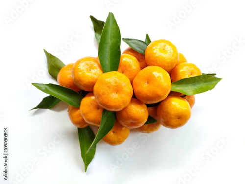 Ripe Tangerines with leaves isolated on white background
