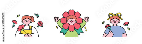 family month. People who appreciate their parents and love their children. Girl and boy with carnations. A boy with a carnation mask.