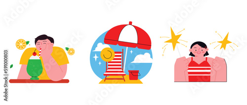 People enjoying summer. Boy with cocktail, beach logo and girl with firecrackers.