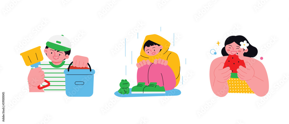 People enjoying summer. A shovel and basket for playing in the sand, a boy wearing a raincoat during the rainy season and watching a frog, and a pretty girl eating watermelon. People enjoying summer. A shovel and basket for playing in the sand, a boy wearing a raincoat during the rainy season and watching a frog, and a pretty girl eating watermelon.