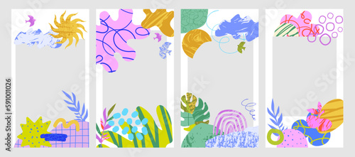 Social media template with phoyo space. Modern shapes and doodle objects. Abstract contemporary modern trendy stories template.  Memphis style. Editable vector illustration
